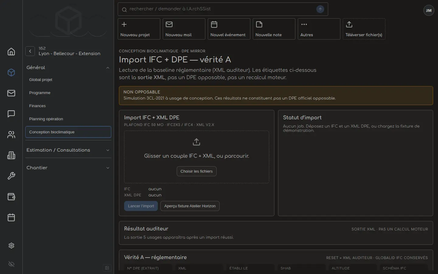 Écran d’import ArchSSist : fichier IFC et XML de DPE, avec l’indication que la lecture n’est pas un diagnostic officiel opposable.