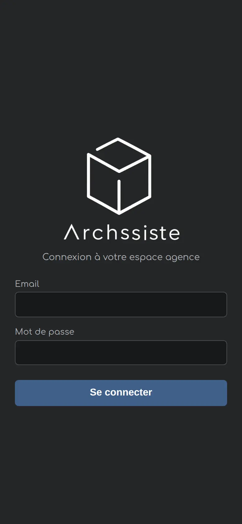 Connexion ArchSSist sur mobile : logo cube filaire, titre « Connexion à votre espace agence », champs vides, composition verticale.